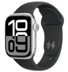 Apple Watch Series 10 42 мм (алюминиевый корпус, серебристый/черный, спортивный силиконовый ремешок S/M) 