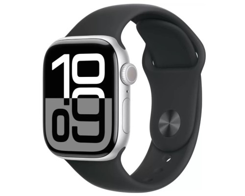 Apple Watch Series 10 42 мм (алюминиевый корпус, серебристый/черный, спортивный силиконовый ремешок S/M) 