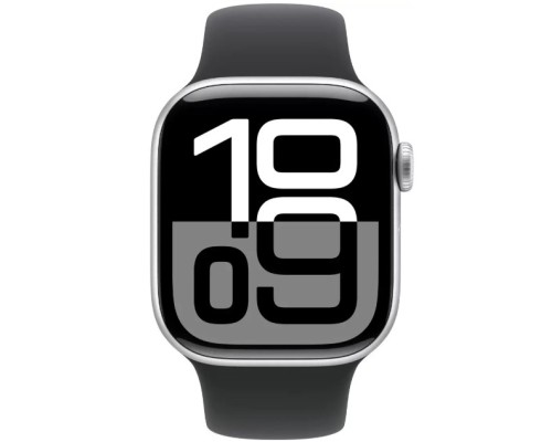 Apple Watch Series 10 46 мм (алюминиевый корпус, серебристый/черный, спортивный силиконовый ремешок S/M) 